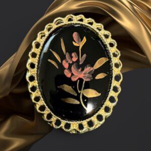 Vintage Hand Painted Floral Black and Rose Oval Brooch Gold Tone Scalloped Frame